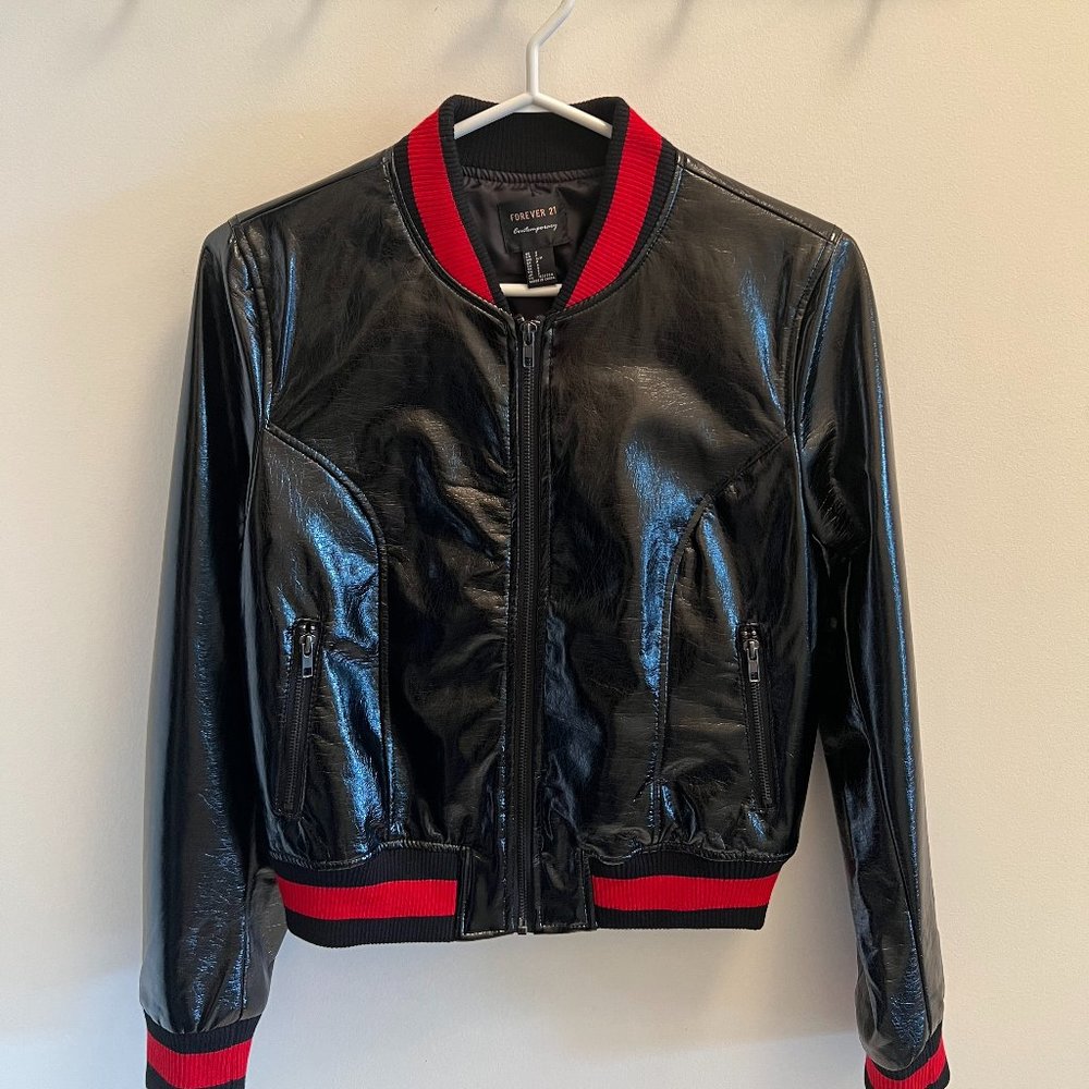 Forever 21 Black Patent Bomber Jacket
